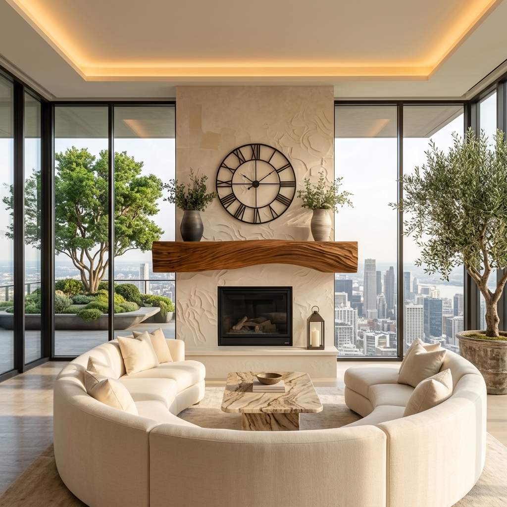 Rustic Fireplace Mantel With Sculptural Carved Design For Home