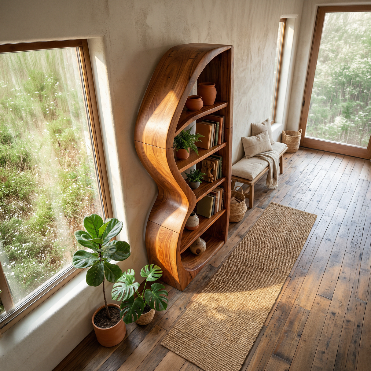 Mid Century Modern Unique Bookshelf Living Room Storage