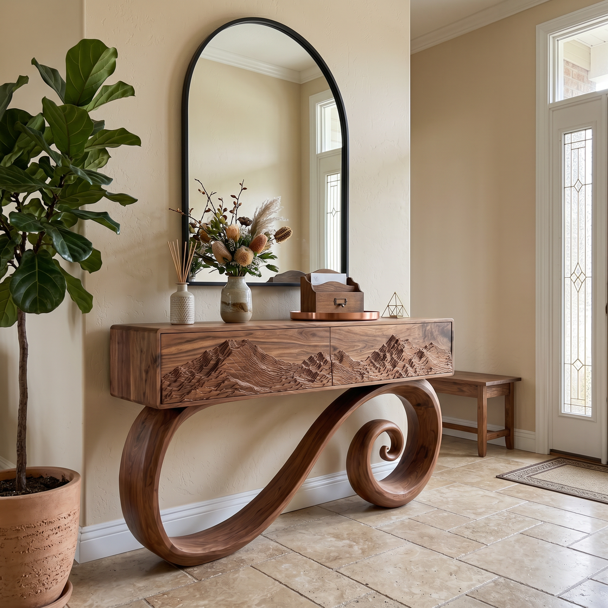 Sculptural Console Table With Spiral Base For Elegant Entryway
