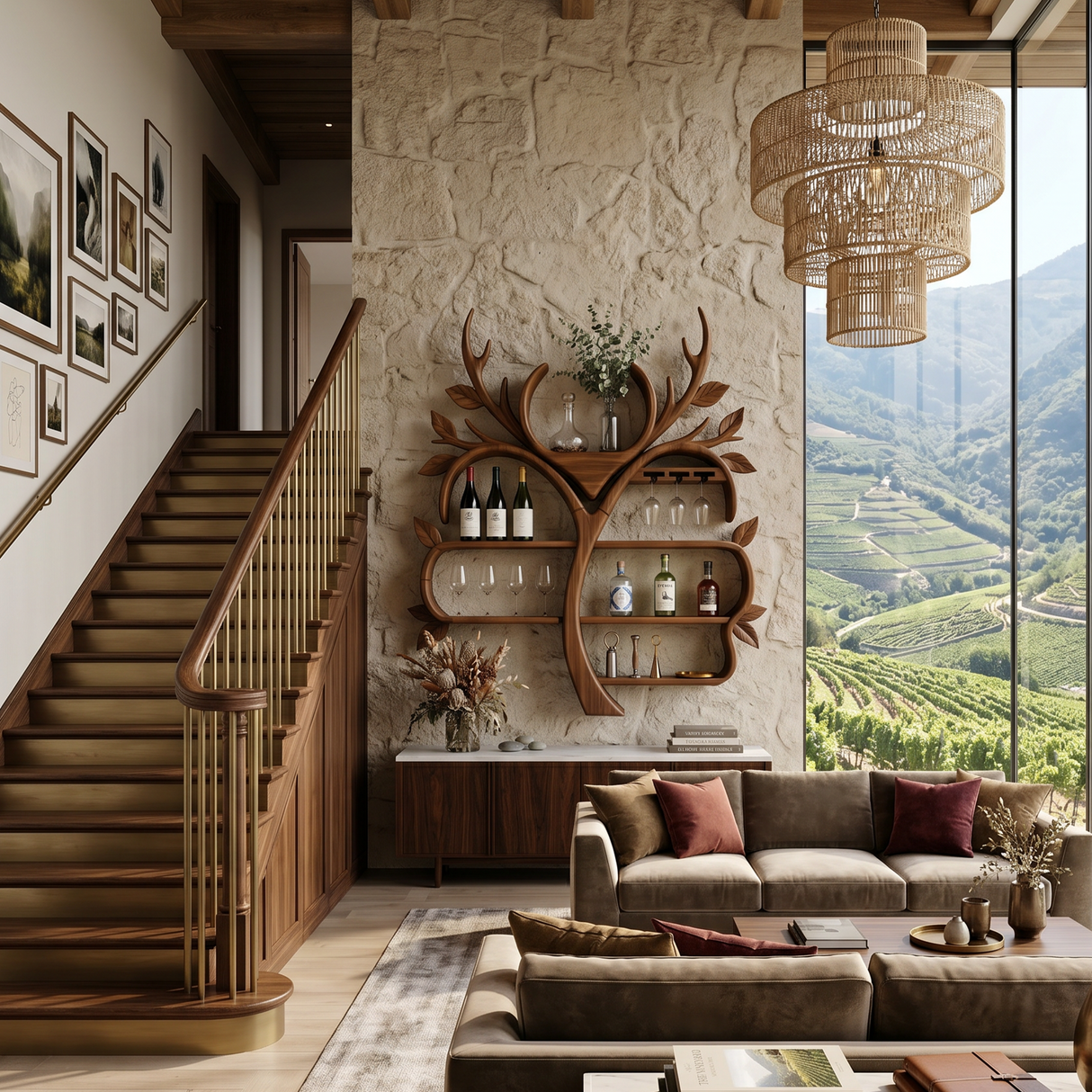 Resort Style Tree Inspired Wine Bar Shelf For Living Room