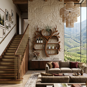 Resort Style Tree Inspired Wine Bar Shelf For Living Room