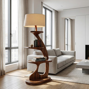 Modern Wooden Floor Lamp With 2-Tier Shelving Unit For Home