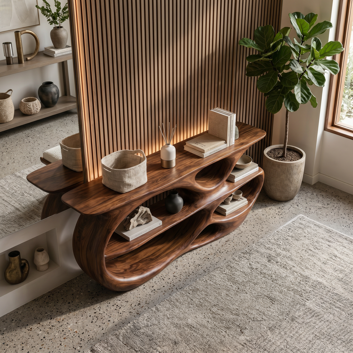 Modern Wooden Console Table With Organic Open Shelves For Entryway