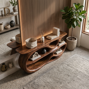 Modern Wooden Console Table With Organic Open Shelves For Entryway
