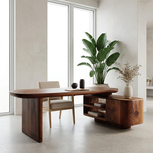 Contemporary Wooden L Desk With Rounded Form For Creative Studio