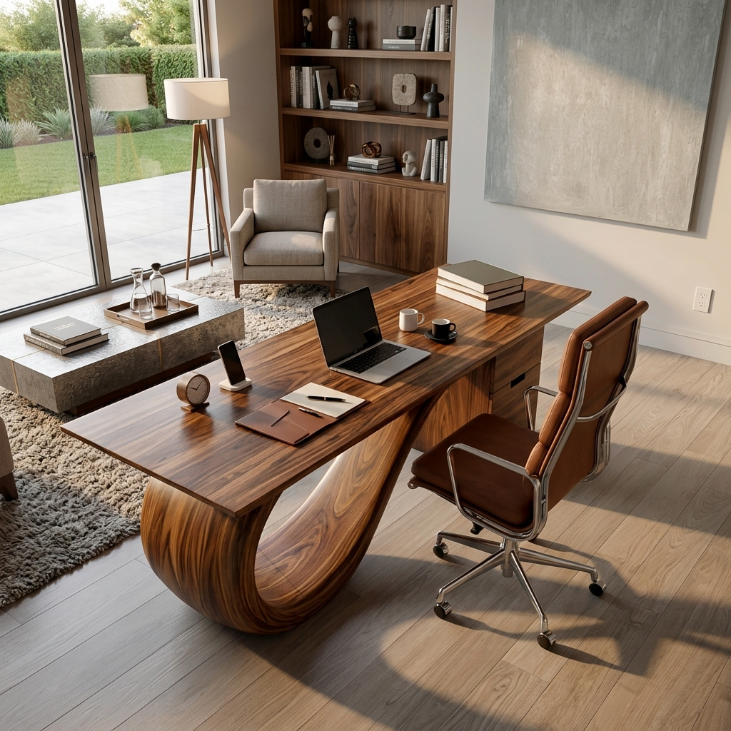 Modern Wooden Desk With Curved Base For Office