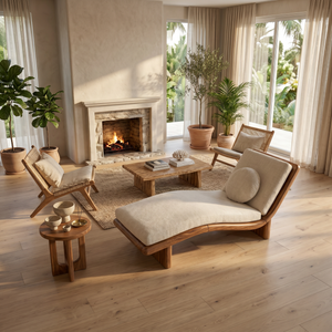 Minimalist Walnut Chaise Lounge Serene Coastal Retreat Living Space