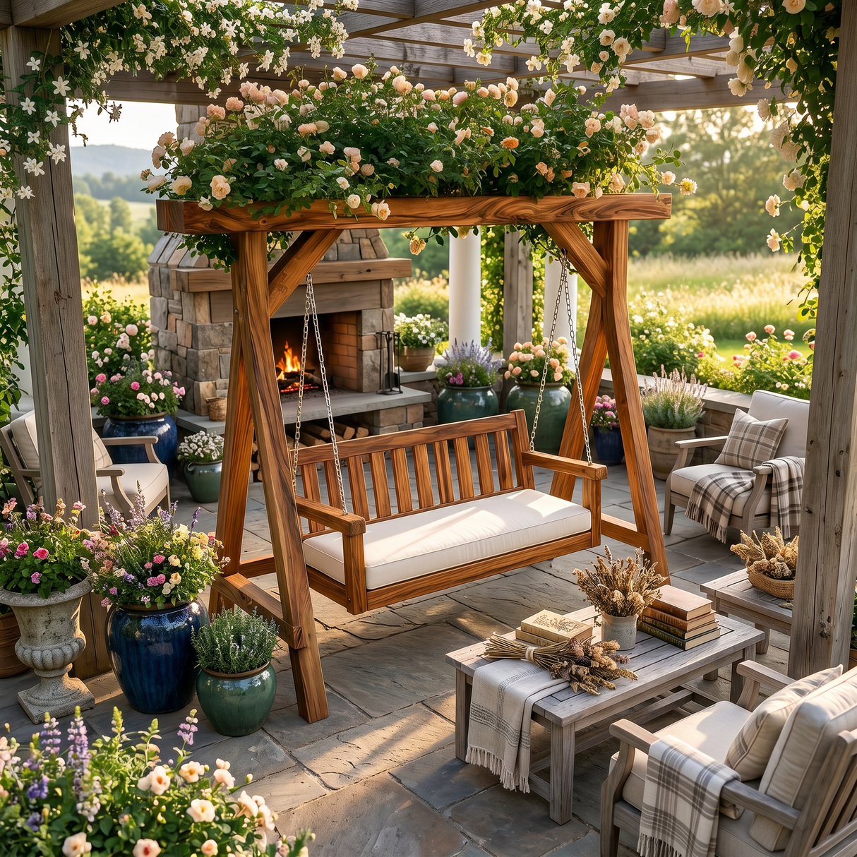 Elegant Wooden Swing With Planter Frame