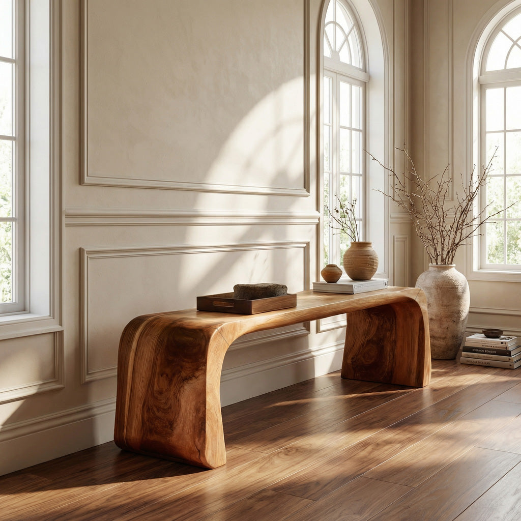Contemporary Wood Curved Bench For Entryway Or Living Room