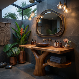Sculptural Wood Sink Cabinet For Tropical Powder Room