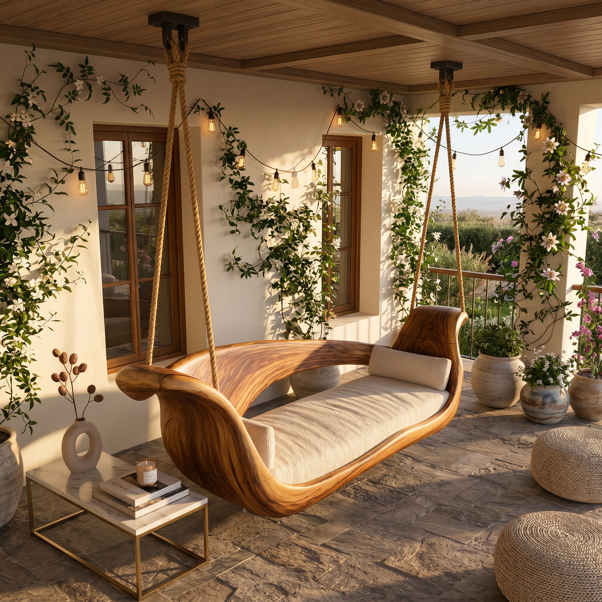 Artistic Sculptural Wooden Swing Bed Coastal Living Collection