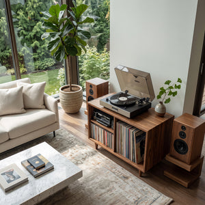 Minimalist Record Player Cabinet With Three Open Shelves For Home