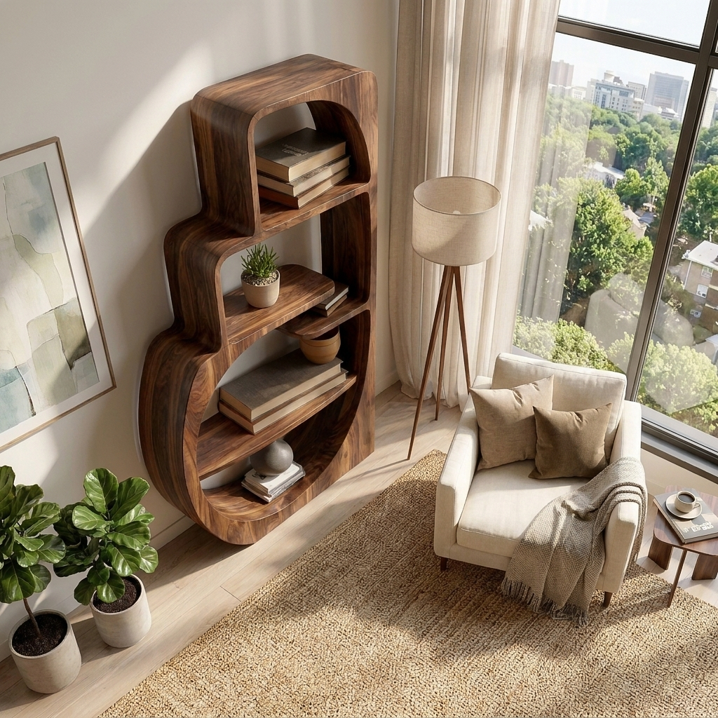 Organic Wood Bookshelf With Multiple Storage Levels For Living Room