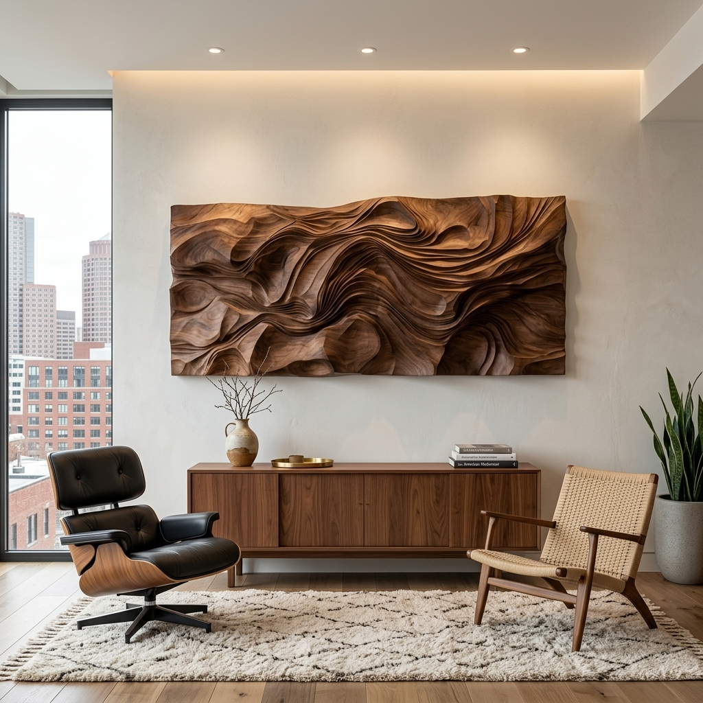 Contemporary Wood Wall Art Wave Carved Design For Wall Deco