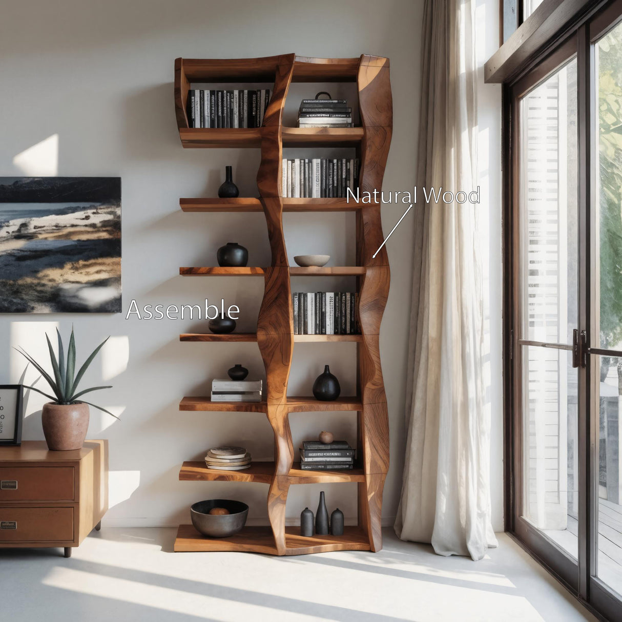Sculptural Bookshelf With Flowing Wave Design For Living Room