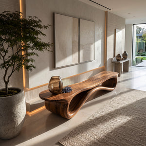 Contemporary Undulating Wooden Bench For Living Room