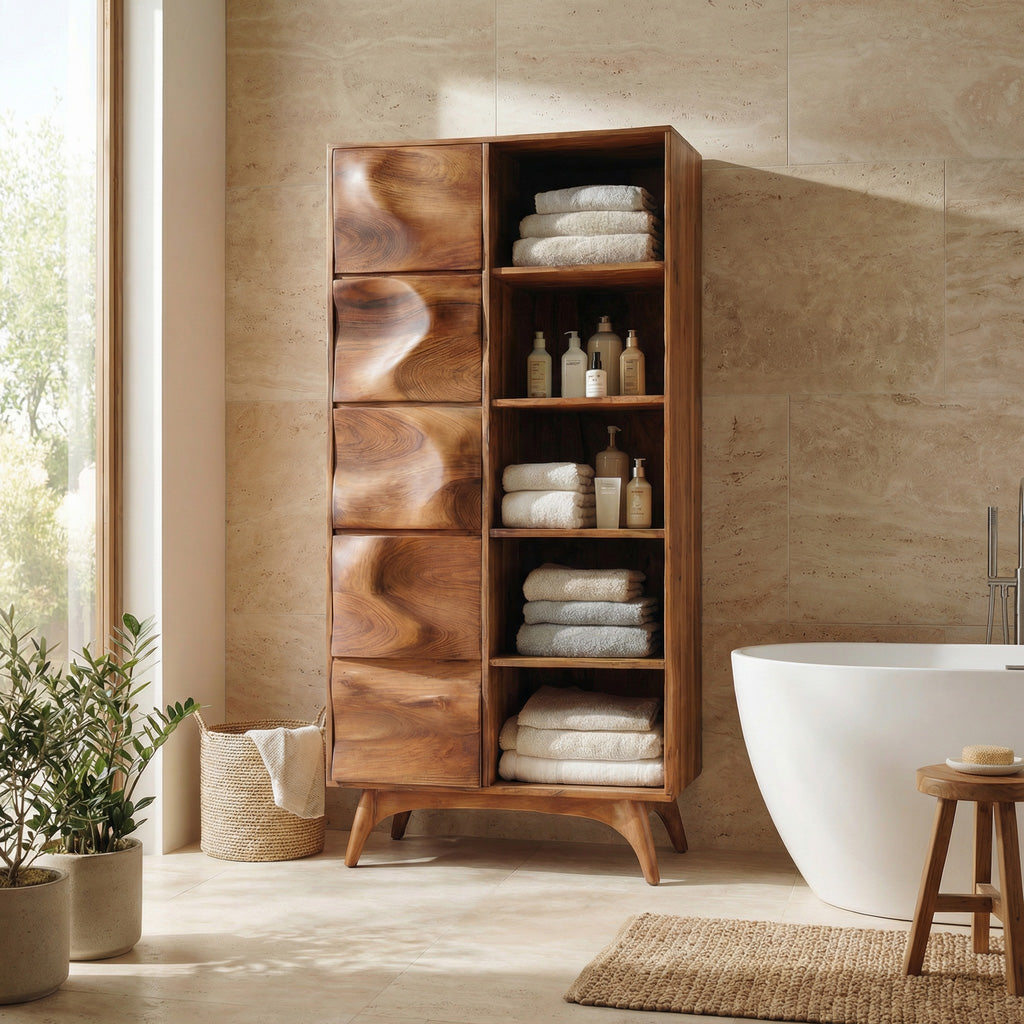 Sculpted Wood Bathroom Cabinet With Wavy Doors For Spa Decor