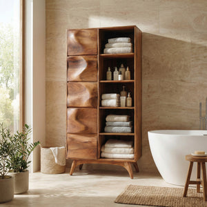Sculpted Wood Bathroom Cabinet With Wavy Doors For Spa Decor