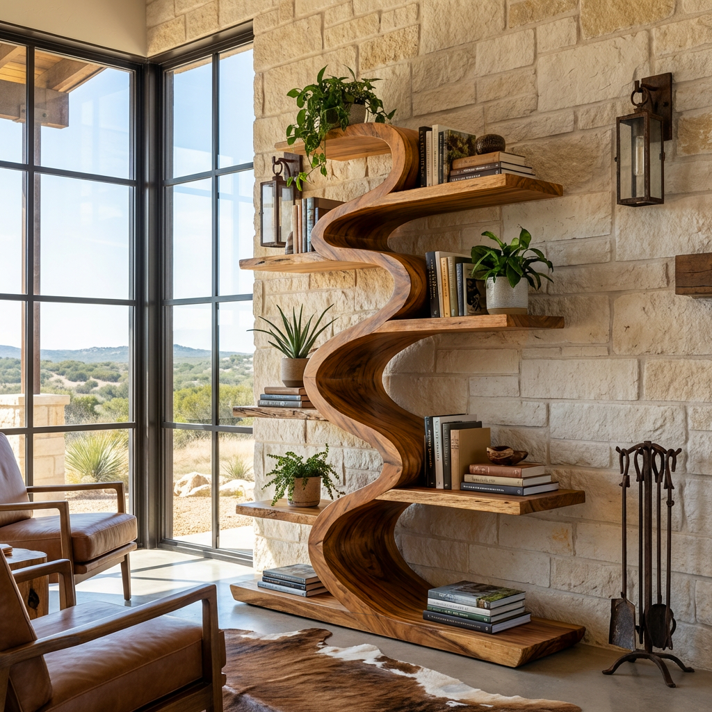 Modern Wooden Bookshelf Flowing Form For Living Room