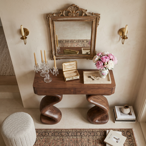 Contemporary Wood Console Table With Undulating Double Base For Home