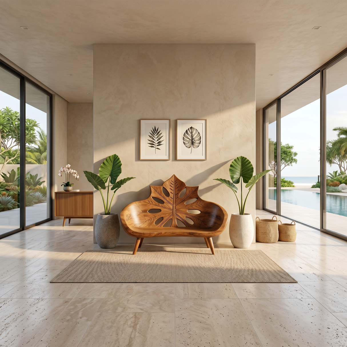 Contemporary Sunburst Leaf Back Bench For Lounge Interior Space