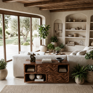 Modern Console Table With Carved Doors And Open Shelves For Entryway