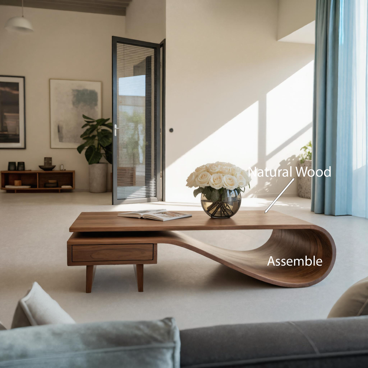 Modern Curved Coffee Table With Drawers For Living Room