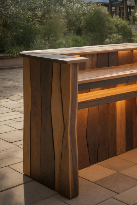 Rustic Live Edge Bar Counter With Lighting For Patio