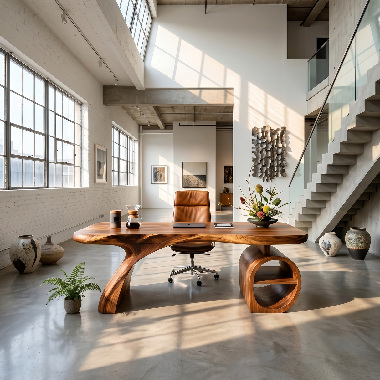 Modern Sculpted Desk With Open Storage For Home Office