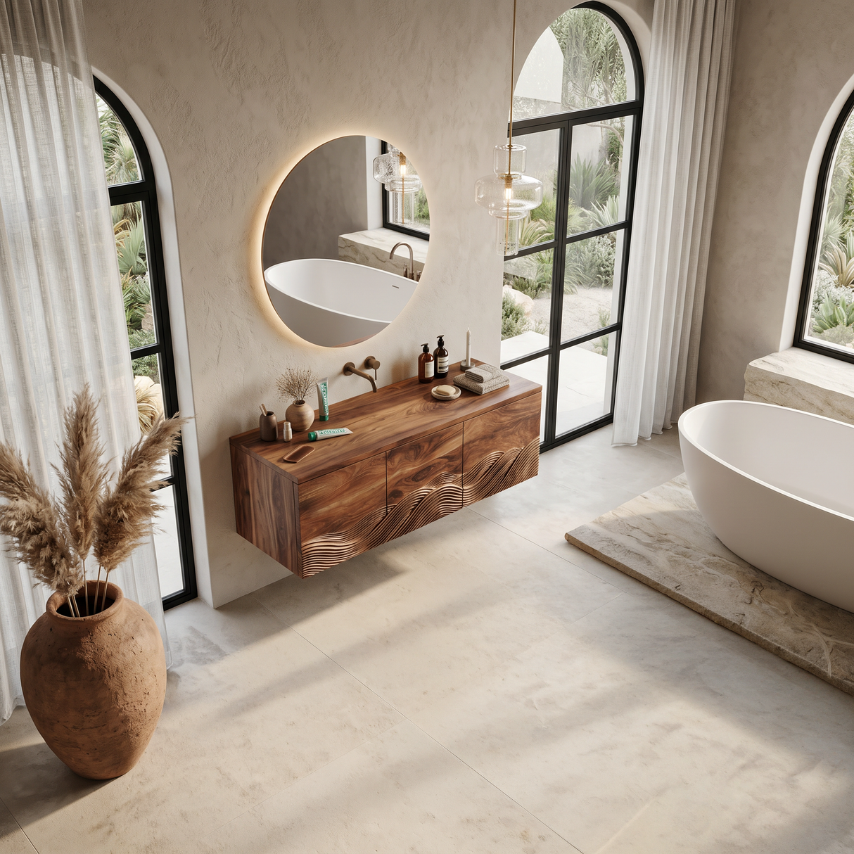 Handcrafted Bathroom Vanity With Wave Relief Wood Cabinet For Bathroom