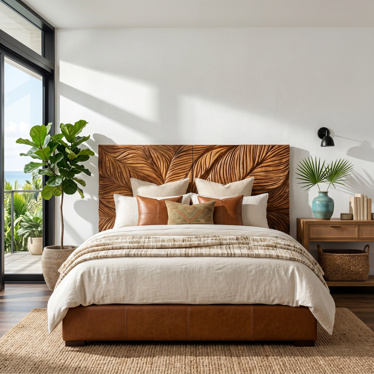 Organic Leaf Relief Wood Headboard For Minimal Bedroom