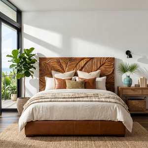 Organic Leaf Relief Wood Headboard For Minimal Bedroom