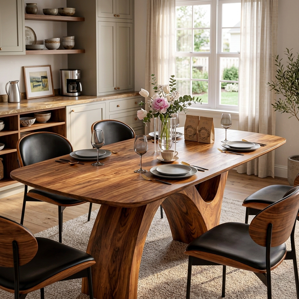 Farmhouse Wooden Dining Table With Organic Shape For Kitchen