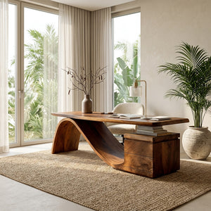 Organic Wooden Desk With Undulating Base For Home Office