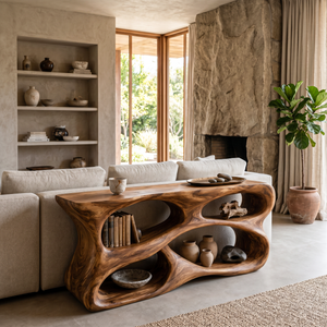 Handcrafted Console Table With Carved Storage Shelves For Contemporary Interior