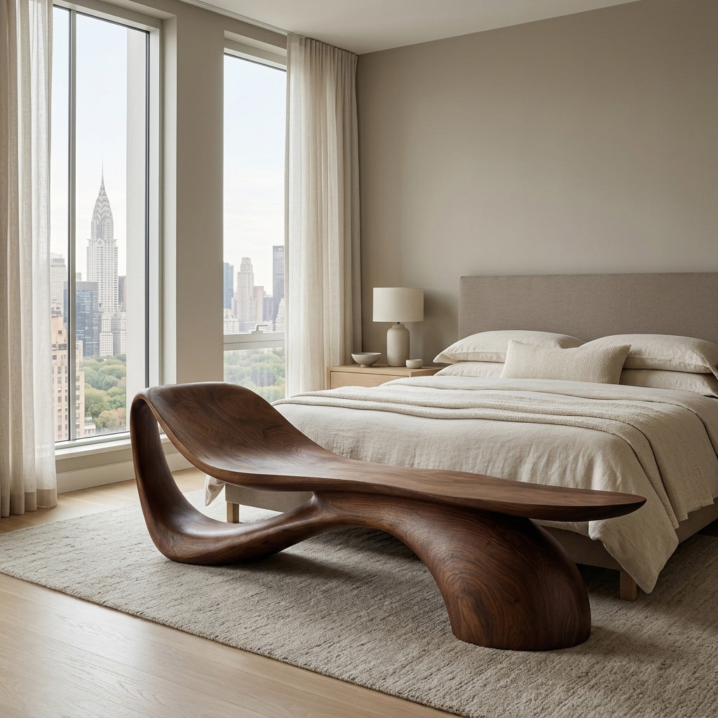 Modern Wooden Bench With Curved Sculptural For Living Decor