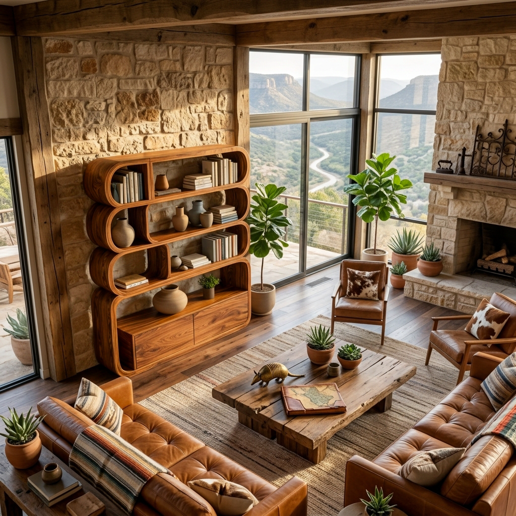 Modern Natural Wood Bookshelf With Curved Structure For Living Room