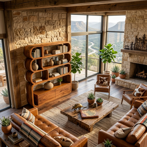 Modern Natural Wood Bookshelf With Curved Structure For Living Room