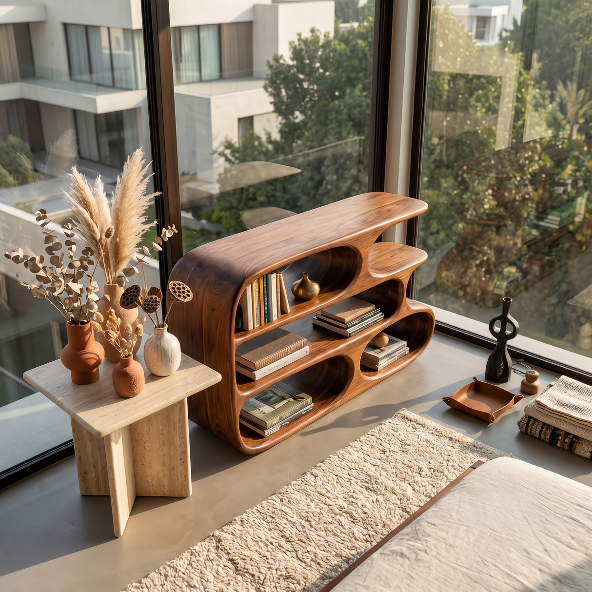 Modern Bookshelf With Sculptural Curves For Living Room Interior
