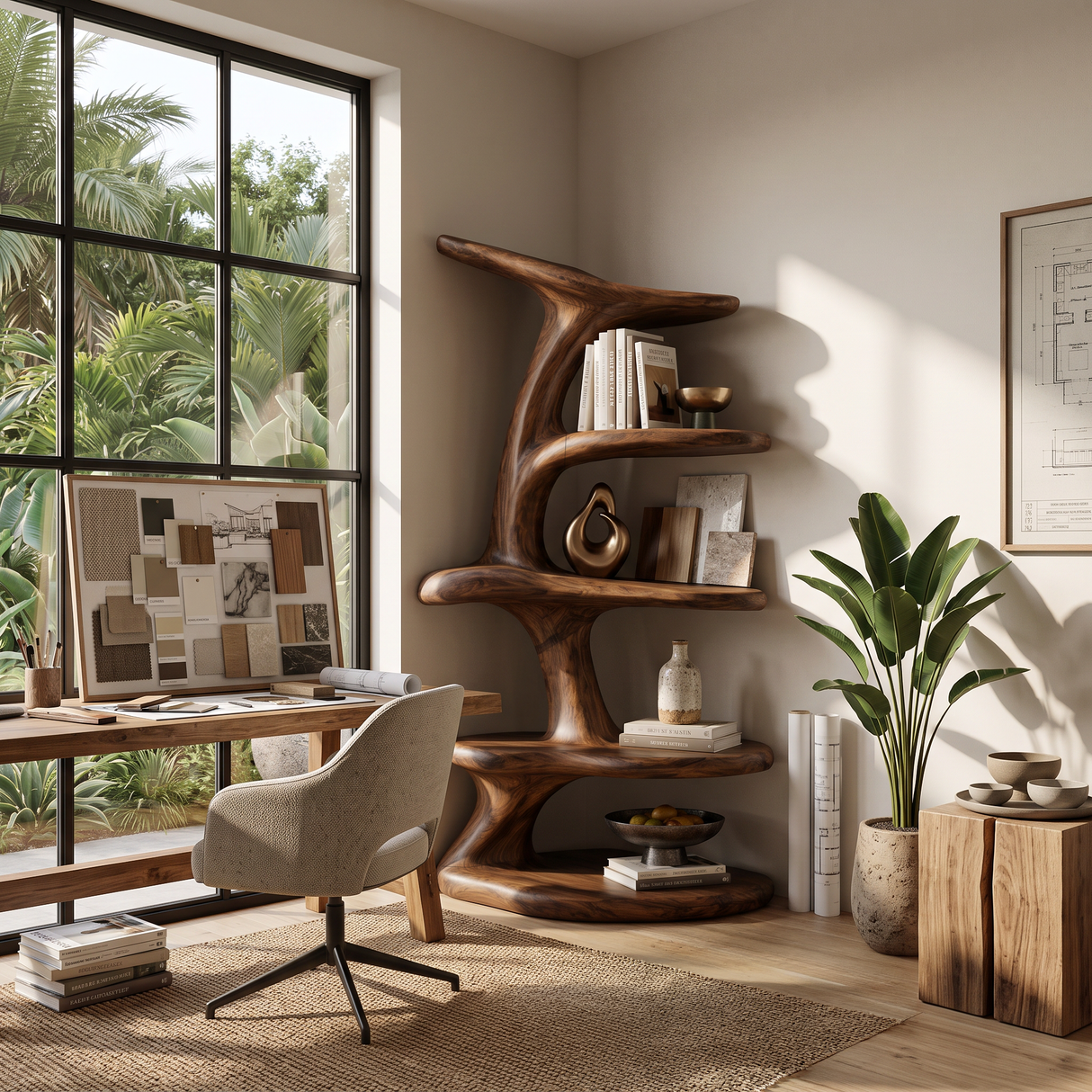 Modern Asymmetrical Sculptural Bookcase For Contemporary Living Room