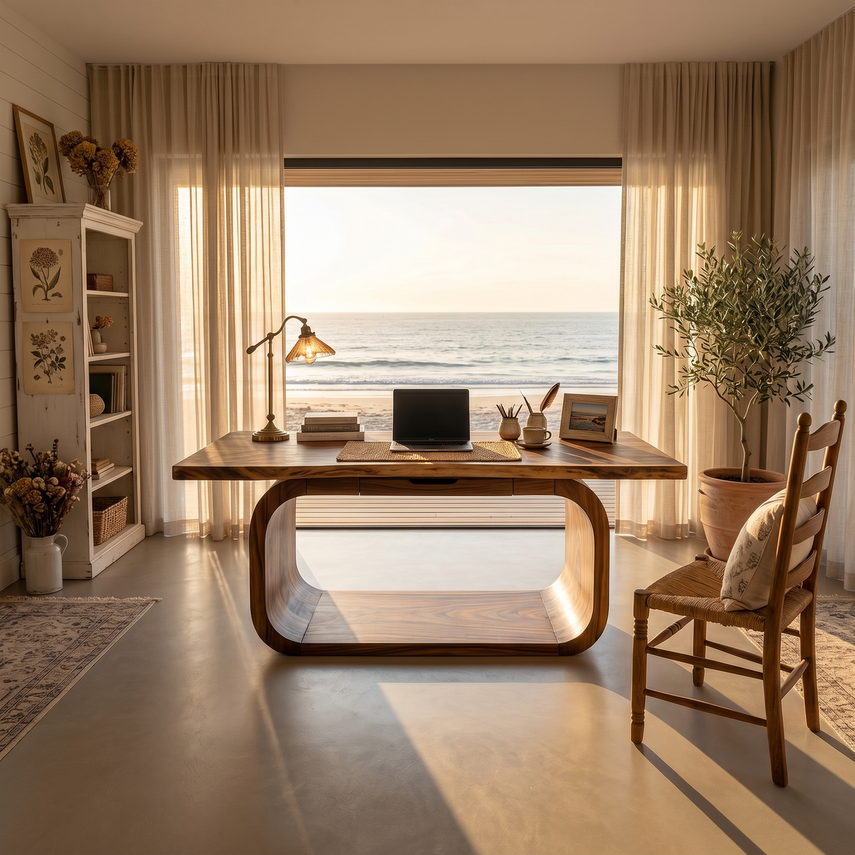 Resort Style Executive Desk With Curved Base For Ocean View Bedroom