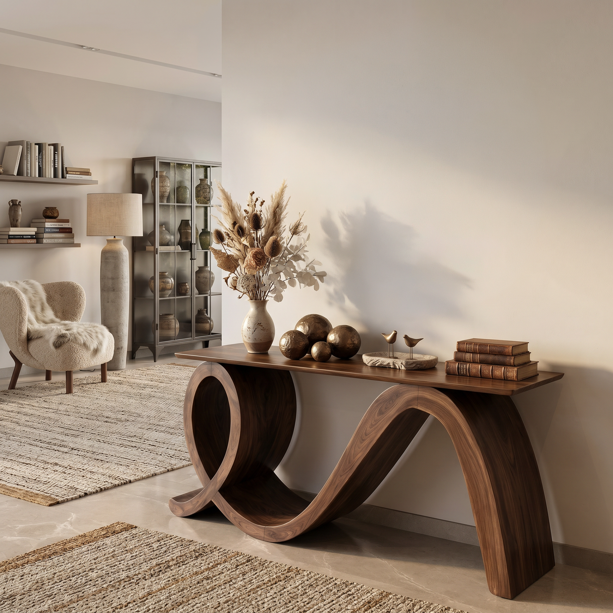 Modern Wooden Console Table Flowing Loop Base Design For Interior