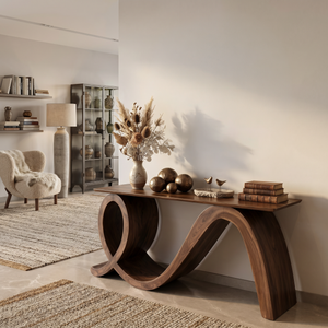 Modern Wooden Console Table Flowing Loop Base Design For Interior