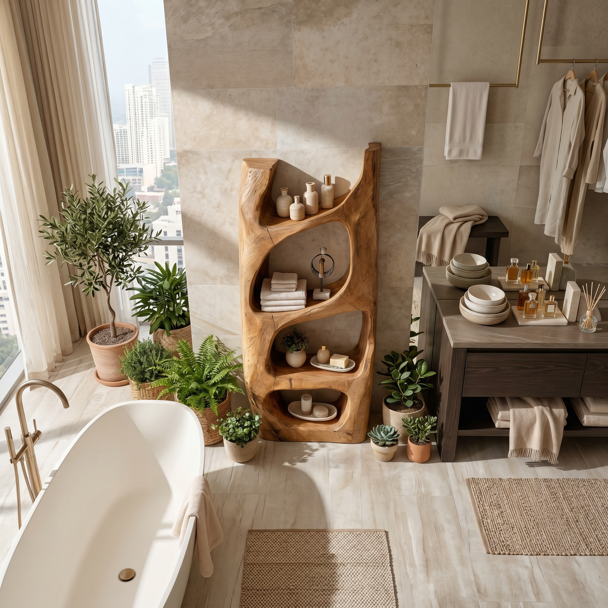 Handcrafted Sculptural Bathroom Shelf For Towels Or Spa Storage