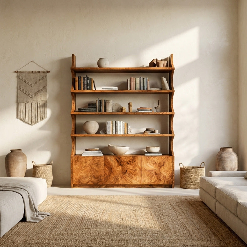 Organic Wooden Bookshelf With Curved Edges For Living Storage