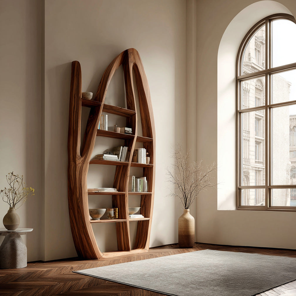 Organic Style Sculptural Wooden Bookshelf For Living Room