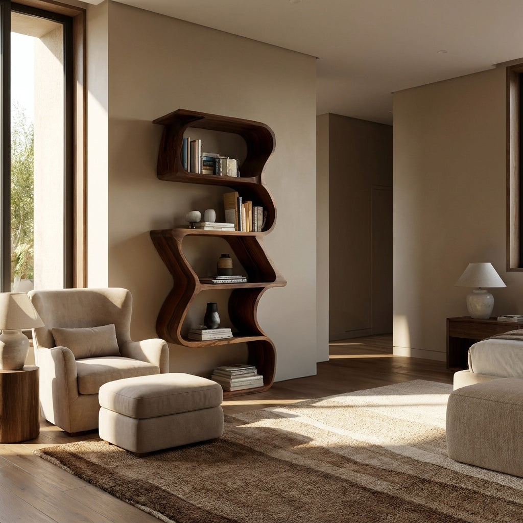 Modern Sculptural Wooden Bookshelf For Home Display