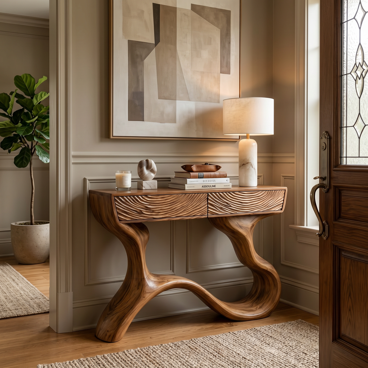 Handcrafted Wood Console Table With Organic Curved Base For Entryway