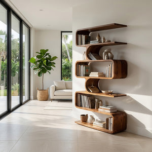 Handcrafted Wooden Bookshelf With Sculpture Edges For Living Room