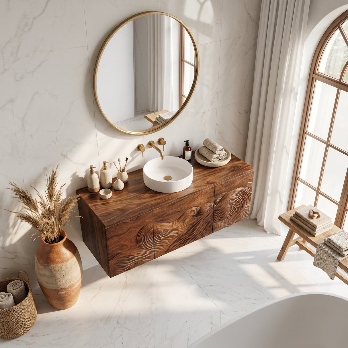 Sculptural Bathroom Vanity Wave Texture Wood Cabinet For Luxury Bathroom